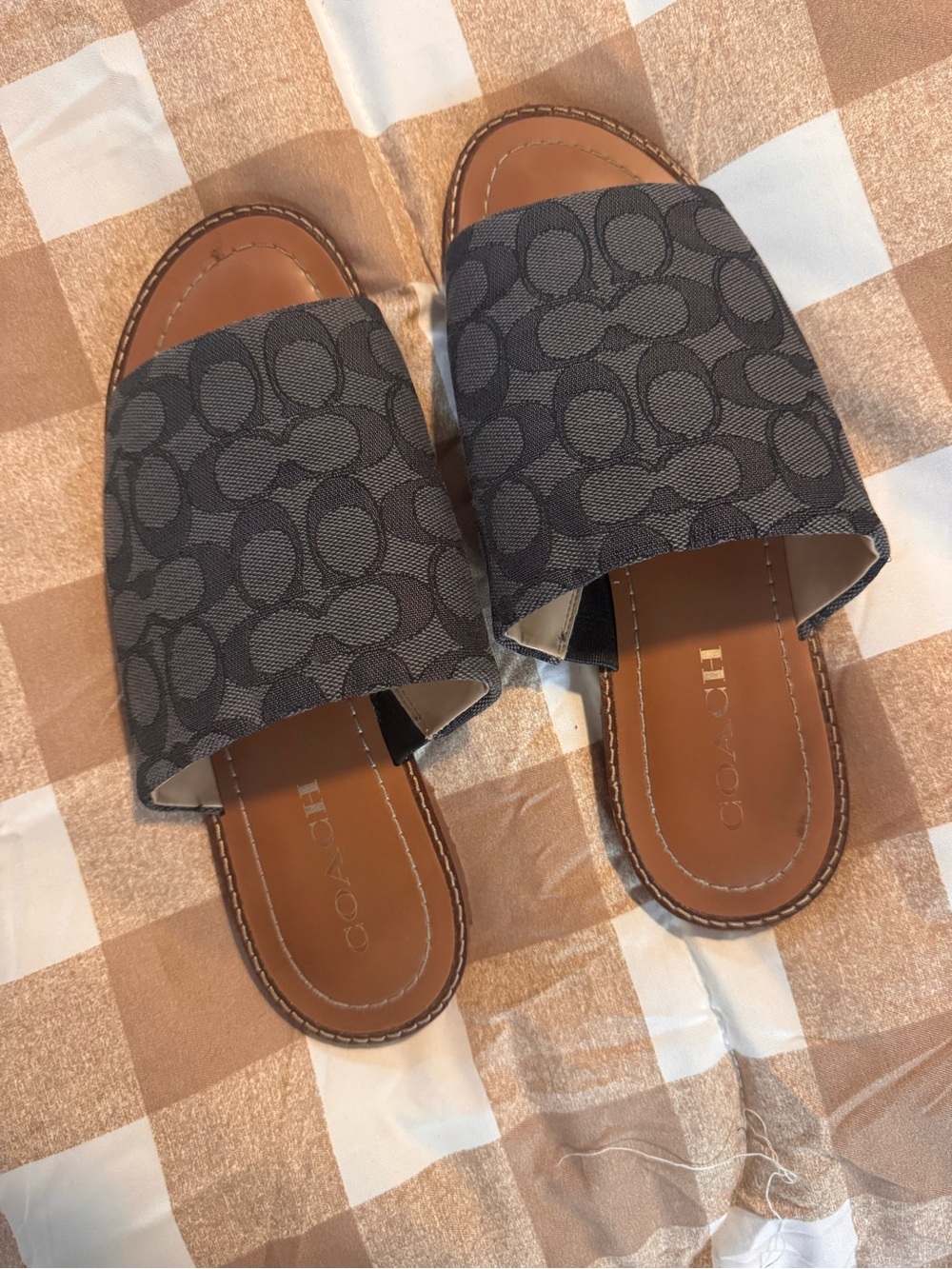 Coach Gray Signature Canvas Slide Sandals with Tan Footbed